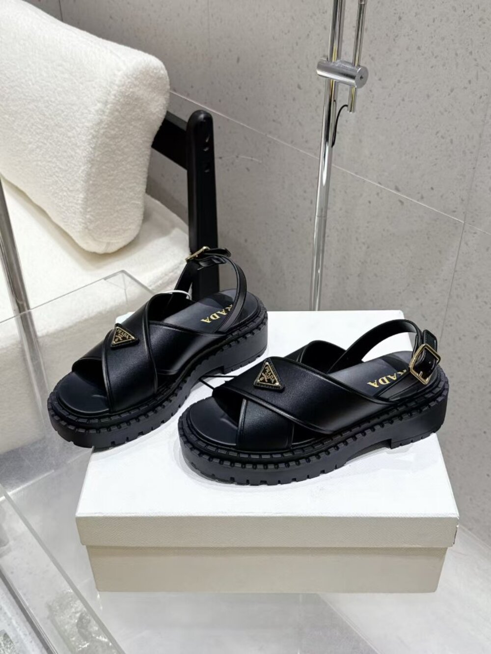 Prada Black Leather Crisscross Strap Platform Sandals Triangle Logo Slingback Sh
